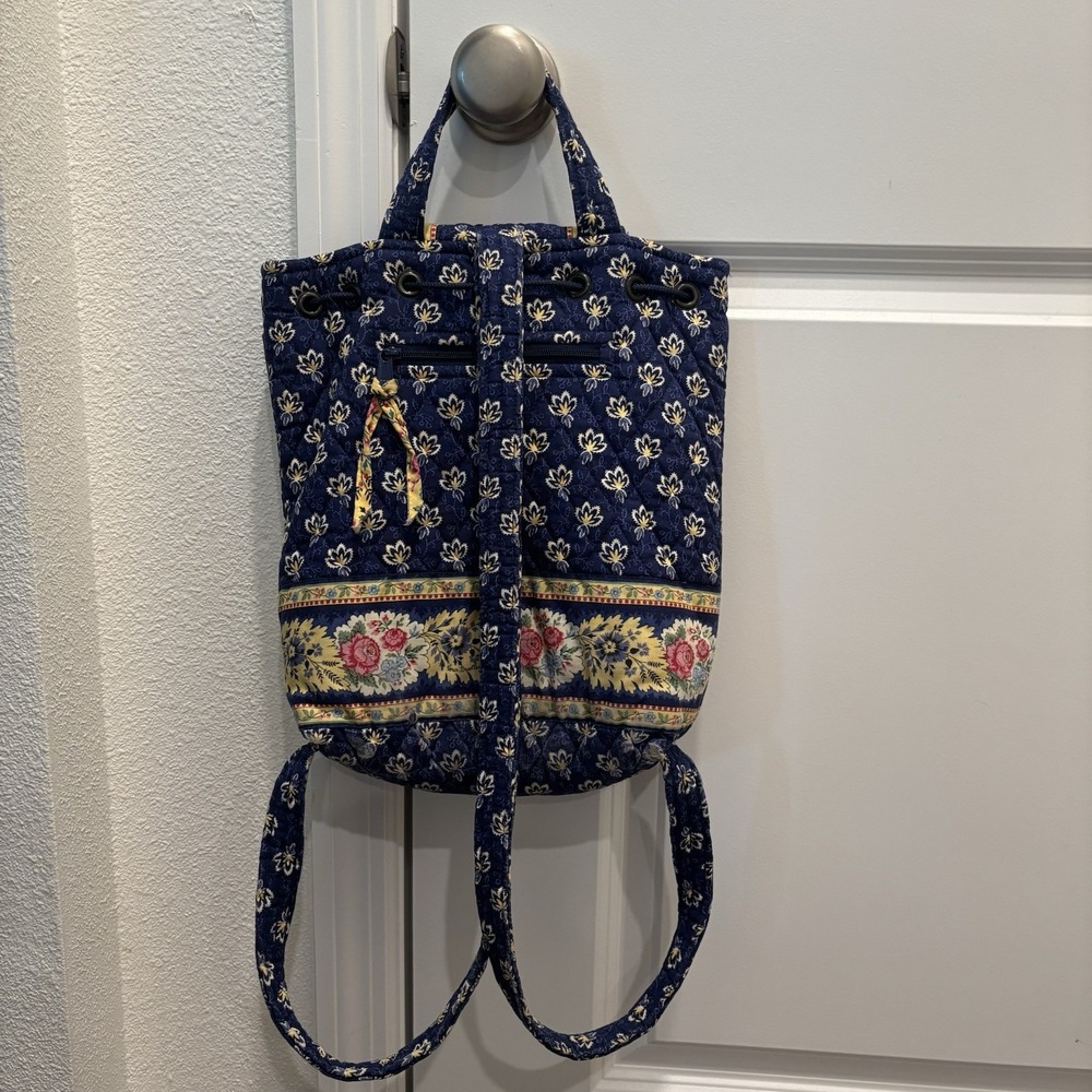Vera Bradley Maison Blue Yellow Floral Backsack Drawstring Backpack Bag Purse - Picture 7 of 12